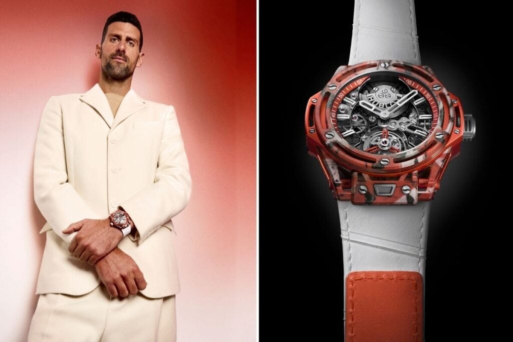 Hublot BIG BANG TOURBILLON NOVAK DJOKOVIC GOAT EDITION e o tenista a usar o respeitvo relógio