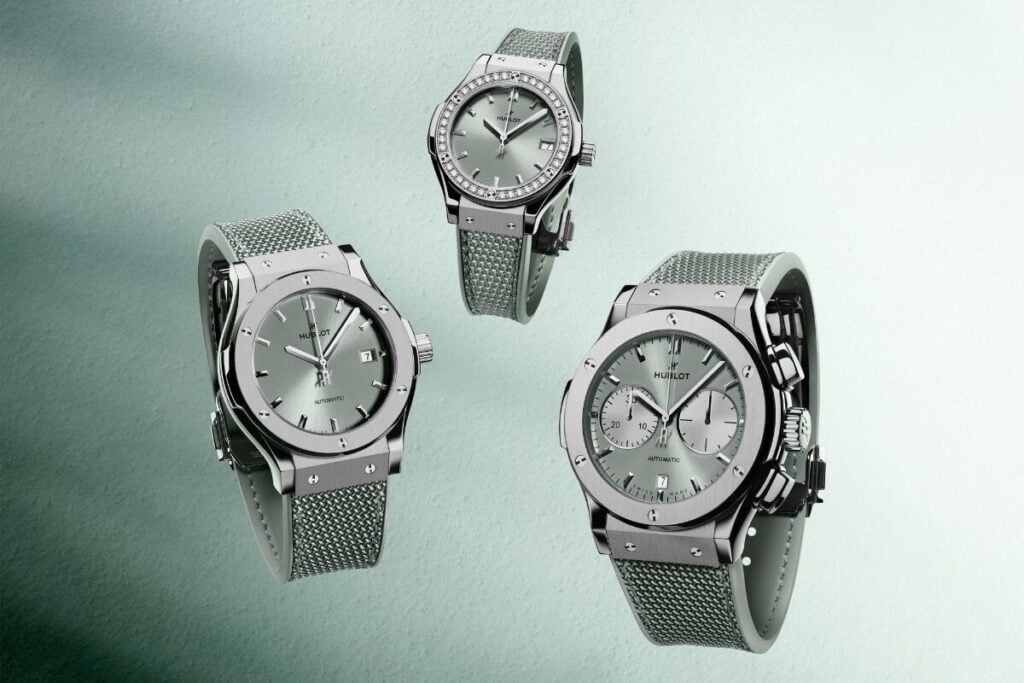 Os três modelos Classsic Fusion em tom Sage Green | Foto: Hublot