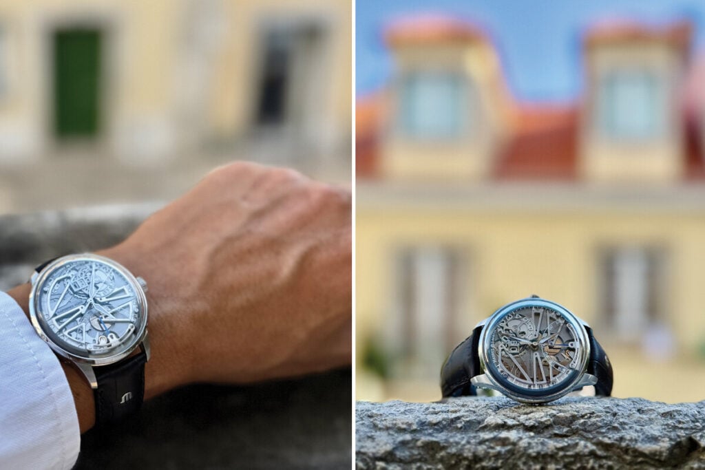 Imagem de um rel&oacute;gio Maurice Lacroix com mostrador esquel&eacute;tico, visto tanto no pulso de uma pessoa quanto em uma vista frontal sobre uma superf&iacute;cie rochosa. O rel&oacute;gio &eacute; destacado em ambos os &acirc;ngulos, com o n&uacute;mero da data vis&iacute;vel e o design intricado das engrenagens. A caixa de a&ccedil;o inoxid&aacute;vel e a pulseira de couro preto s&atilde;o vis&iacute;veis, com o logotipo "M" na fivela.