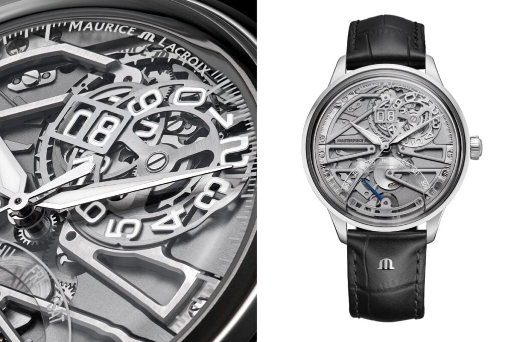 Imagem detalhada de um rel&oacute;gio de luxo Maurice Lacroix, com mostrador esquel&eacute;tico que exibe as engrenagens e os n&uacute;meros grandes. O lado direito mostra o rel&oacute;gio inteiro, com uma caixa de a&ccedil;o inoxid&aacute;vel, mostrador intricado e pulseira de couro preto. O design &eacute; moderno e t&eacute;cnico, destacando a sofistica&ccedil;&atilde;o dos detalhes.