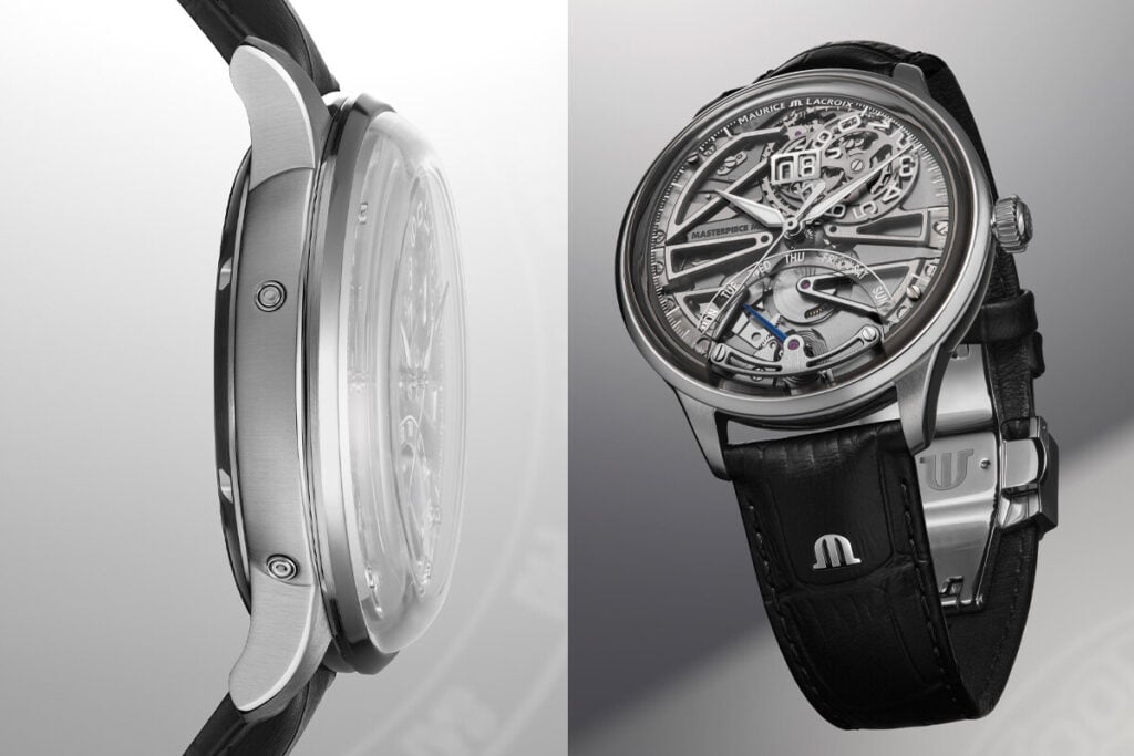 Imagem detalhada do lado e frente de um rel&oacute;gio Maurice Lacroix. O lado esquerdo mostra a caixa do rel&oacute;gio com um acabamento polido, enquanto o lado direito exibe o mostrador esquel&eacute;tico, com os dias da semana vis&iacute;veis e o movimento interno das engrenagens. O rel&oacute;gio possui uma caixa de a&ccedil;o inoxid&aacute;vel e uma pulseira de couro preto, com o logotipo da marca na fivela.