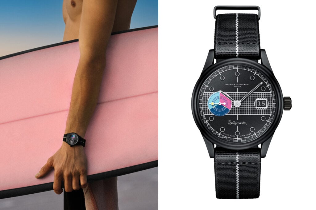 Imagem de um relógio Maurice de Mauriac modelo Rallymaster, com caixa preta e mostrador detalhado, posicionado à esquerda. À direita, um homem com uma prancha de surf rosa segura o relógio no pulso. O fundo apresenta um céu ao amanhecer ou entardecer.