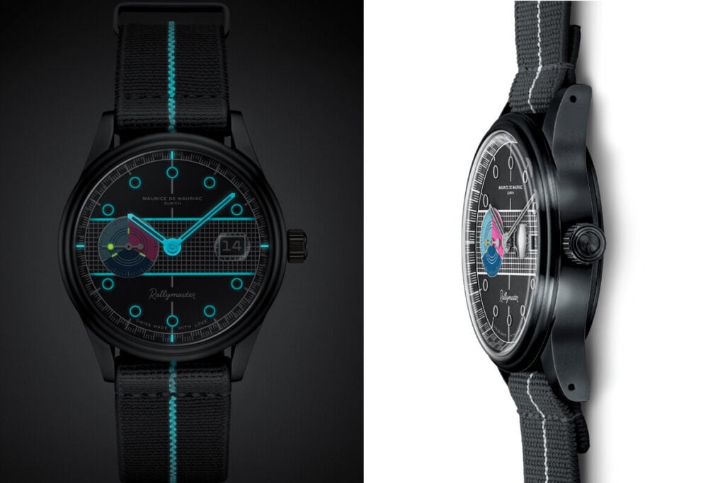 Imagem de um relógio Maurice de Mauriac modelo Rallymaster em duas perspectivas. À esquerda, o relógio é mostrado em close, com mostrador preto e detalhes em azul neon. À direita, o relógio é apresentado de lado, destacando a caixa preta e o design da correia.