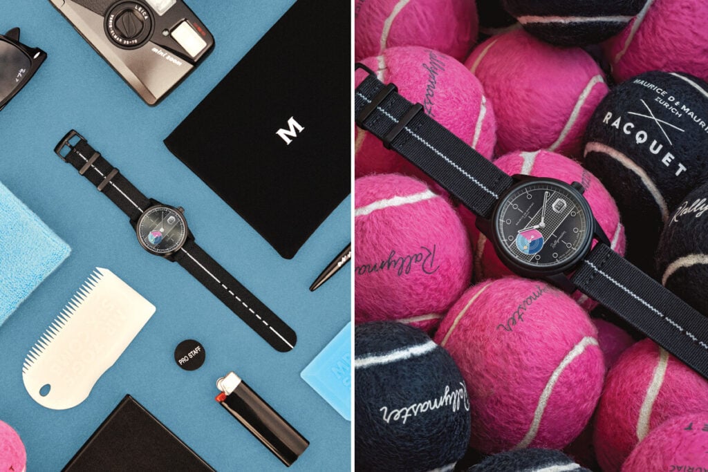 Imagem de dois cenários com relógios Maurice de Mauriac modelo Rallymaster. À esquerda, o relógio está em cima de uma superfície azul rodeado por acessórios como uma câmera, uma caneta e um pente. À direita, o relógio está no meio de várias bolas de ténis, em tons de rosa e preto.