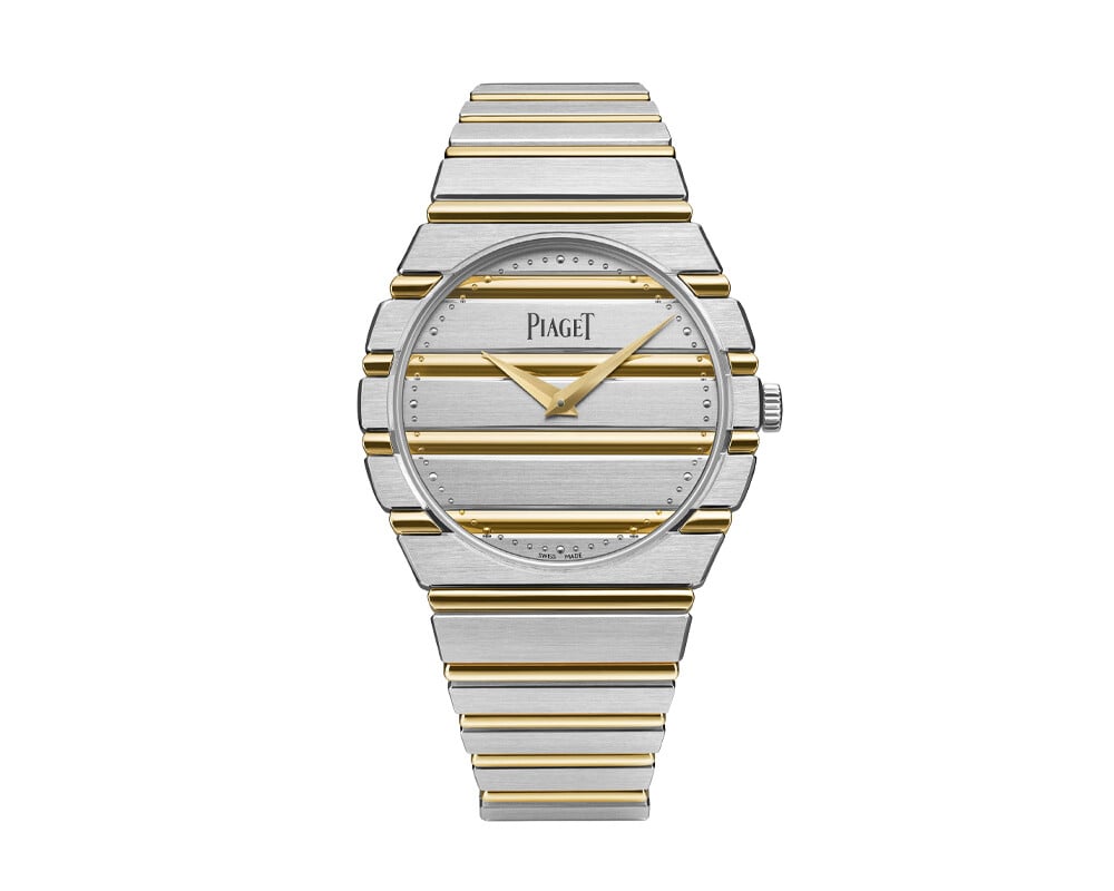 Rel&oacute;gio Piaget em metal bicolor, com bracelete integrada e mostrador prateado.