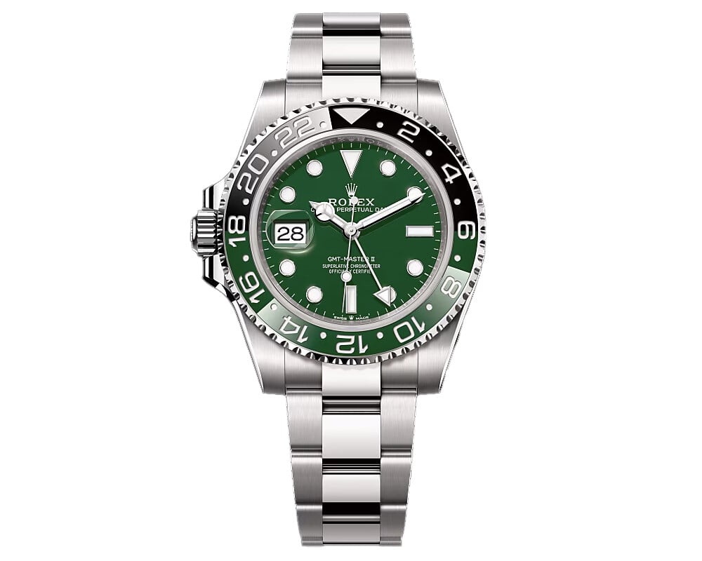 Relógio Rolex GMT-Master II em aço, com mostrador verde, luneta preta e verde com escala de 24 horas e data ampliada.