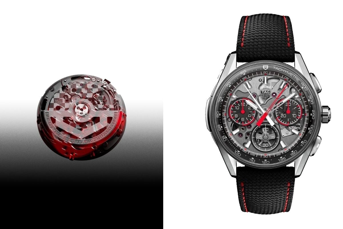 TAG Heuer Carrera Chronograpg Split Seconds com o seu mecanismo ao lado