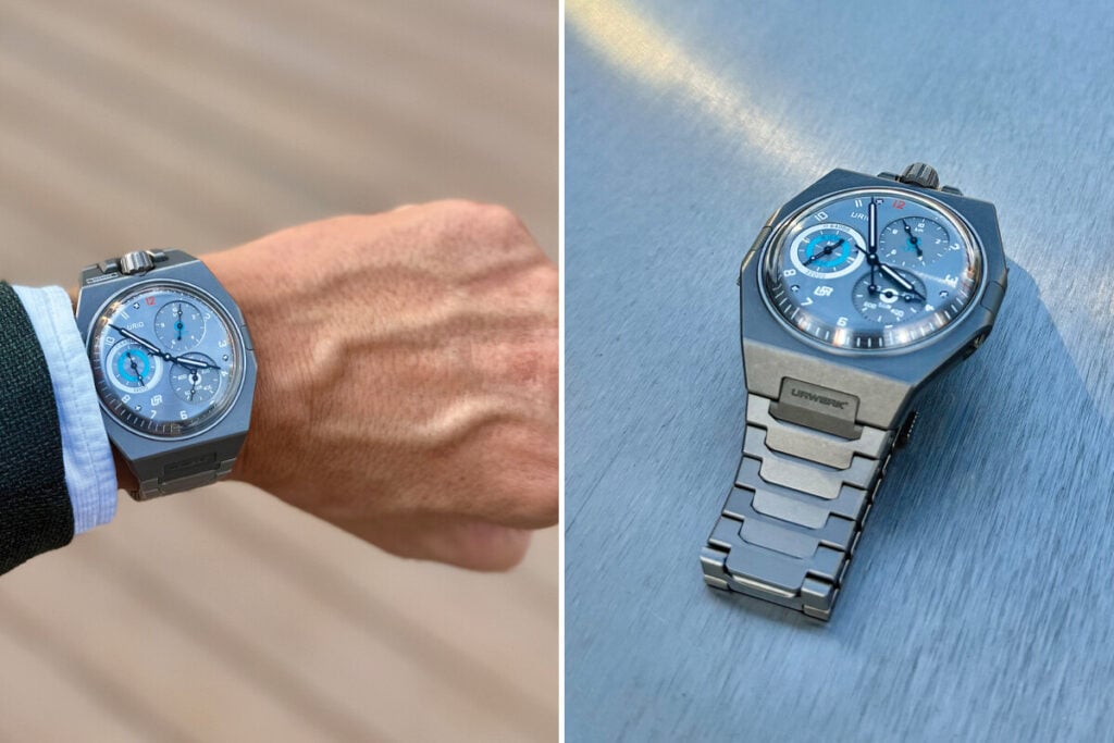 Rel&oacute;gio de luxo Urwerk com mostrador detalhado e bracelete met&aacute;lico, mostrado no pulso de uma pessoa e de forma isolada.