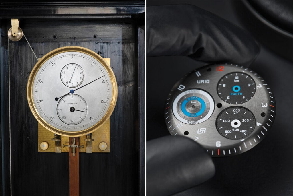 Compara&ccedil;&atilde;o visual entre um rel&oacute;gio mec&acirc;nico antigo de parede e um mostrador contempor&acirc;neo Urwerk, evidenciando a evolu&ccedil;&atilde;o do design relojoeiro.