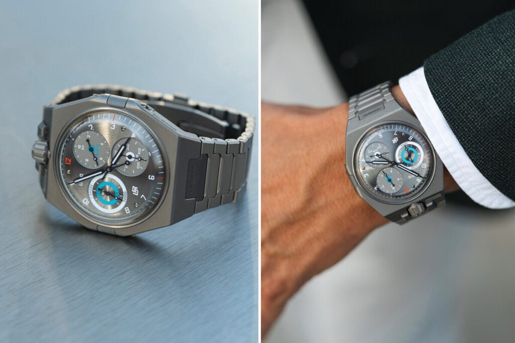 Rel&oacute;gio de luxo Urwerk com mostrador sofisticado e bracelete met&aacute;lico, visto de lado e no pulso de uma pessoa.