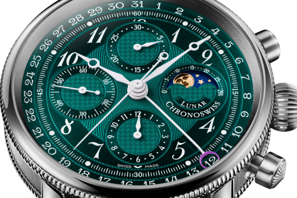 relógio Chronoswiss Lunar Chronograph de face com mostrador verde
