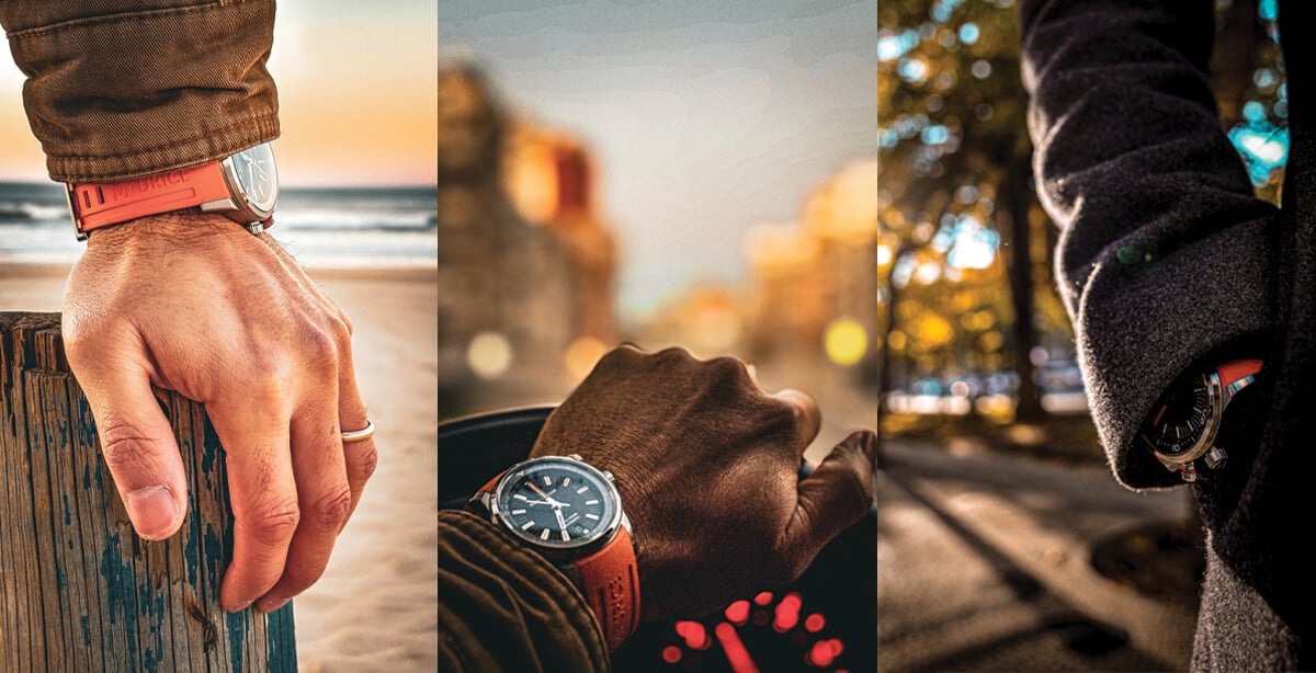 Três imagens mostram um relógio com bracelete laranja usado no pulso, na praia e em contexto urbano.