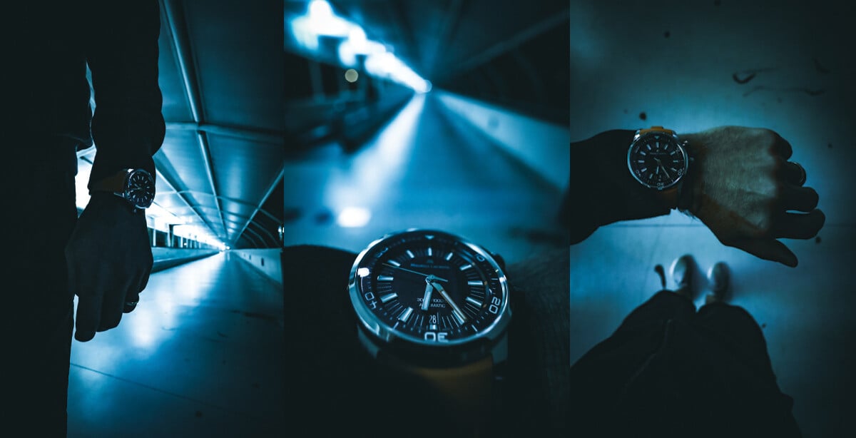 Três imagens mostram um relógio usado no pulso num túnel iluminado a azul, com ambiente urbano noturno.