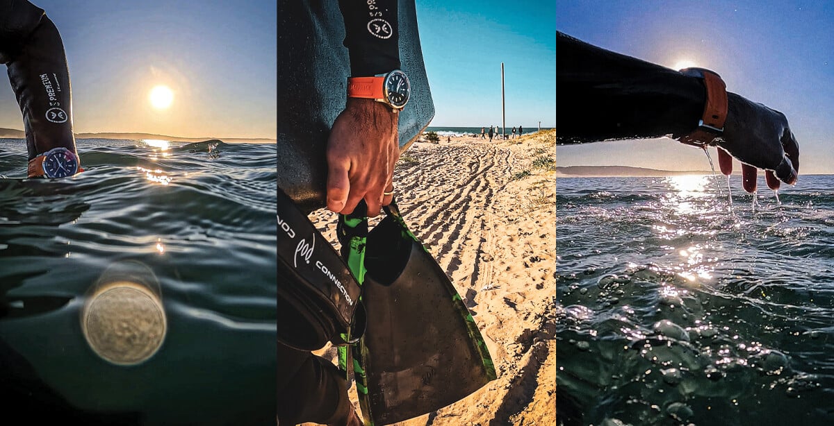 Conjunto de três imagens na praia ao pôr do sol: pessoa com fato de neoprene dentro de água com relógio no pulso, detalhe de mão com barbatanas na areia e braço estendido sobre o mar com gotas de água.