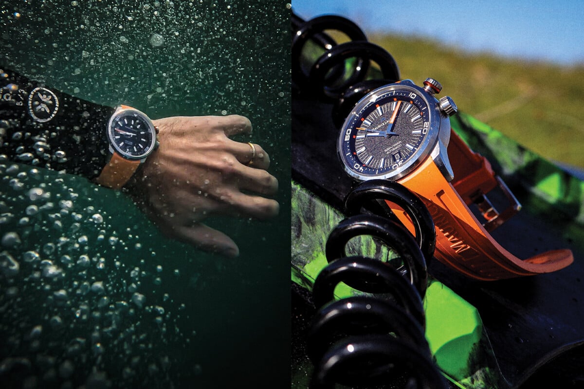 Imagem dividida ao meio mostrando, à esquerda, um relógio no pulso de uma pessoa submersa na água com bolhas e, à direita, um relógio desportivo com bracelete laranja pousado sobre uma mola metálica.