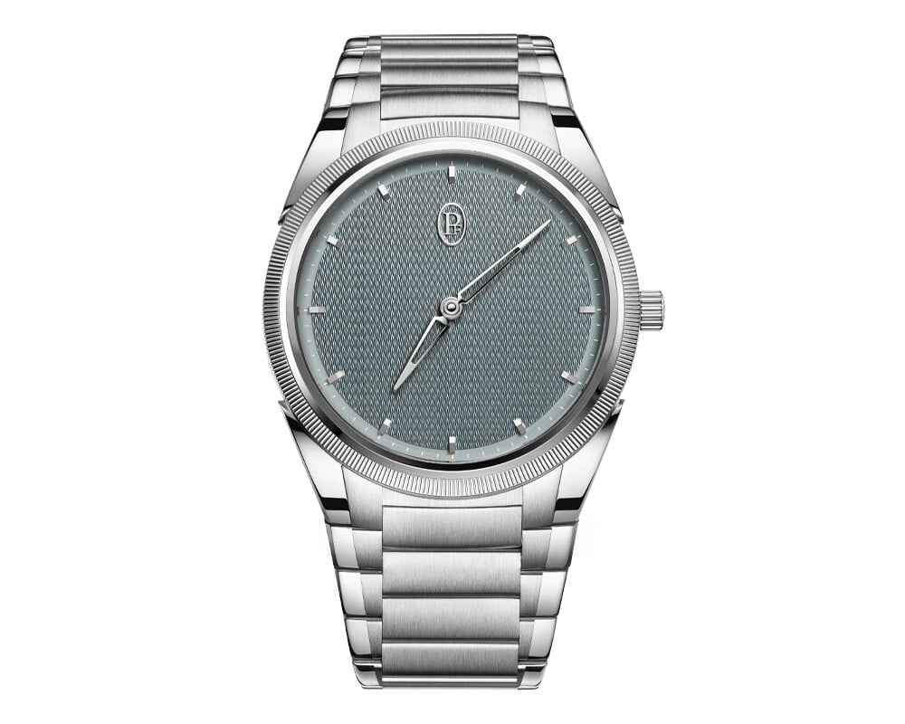 Rel&oacute;gio Parmigiani Fleurier Tonda PF Micro-Rotor em a&ccedil;o inoxid&aacute;vel, com mostrador azul-&aacute;gave texturizado e ponteiros das horas e minutos em forma de delta.