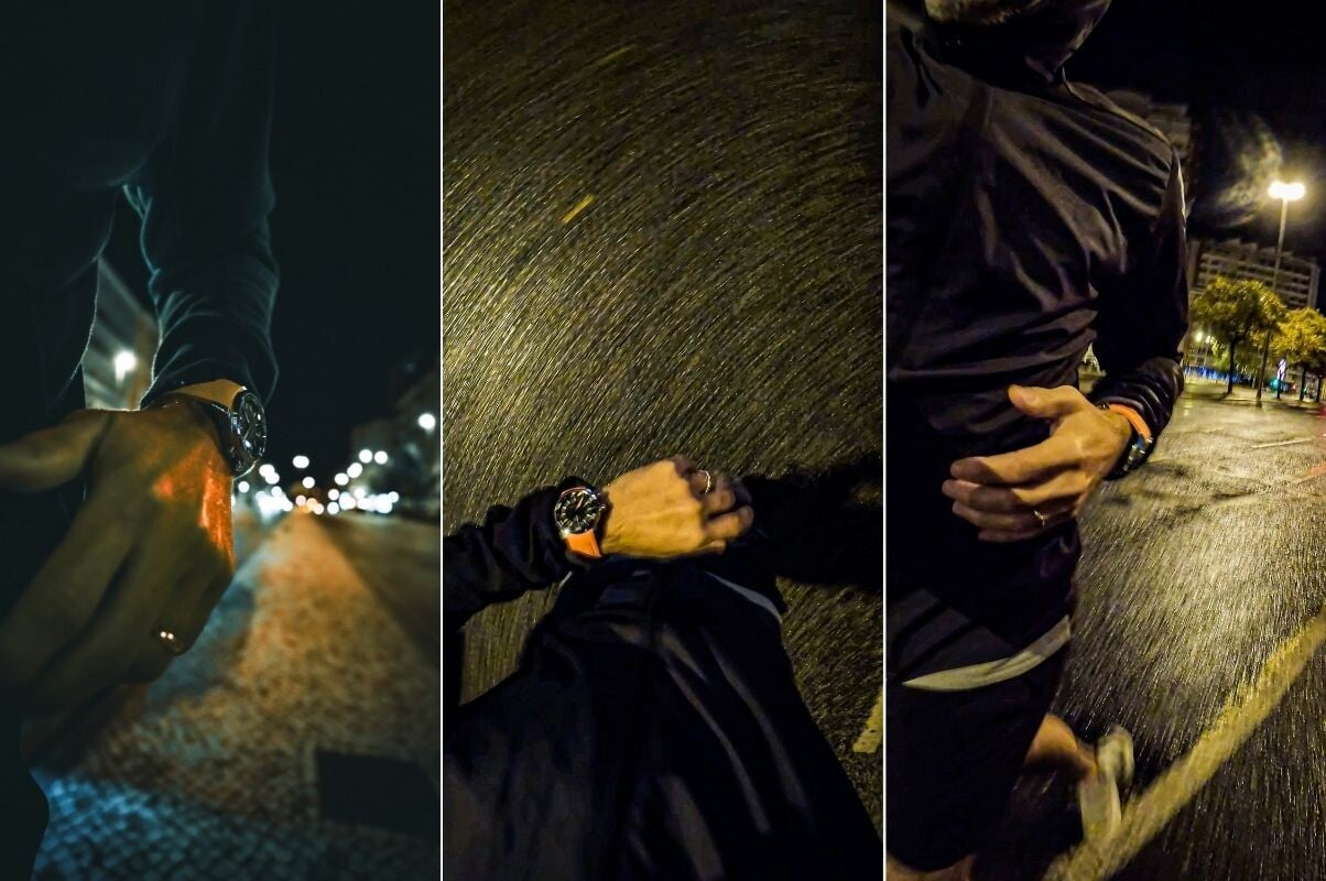 Relógio Maurice Lacroix em ambiente urbano no pulso de uma pessoa a correr