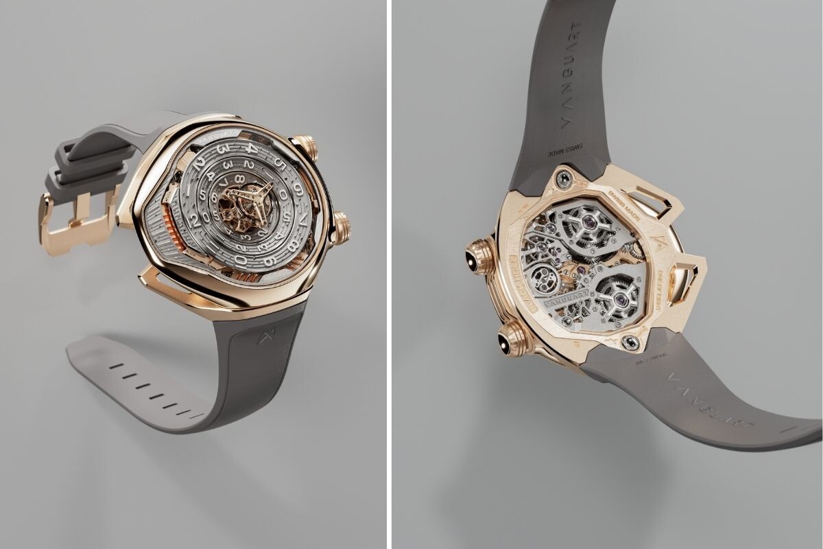 relógio Vanguart Black Hole em ouro rosa visto de frente e de trás com mostrador com discos e mecanismo à vista