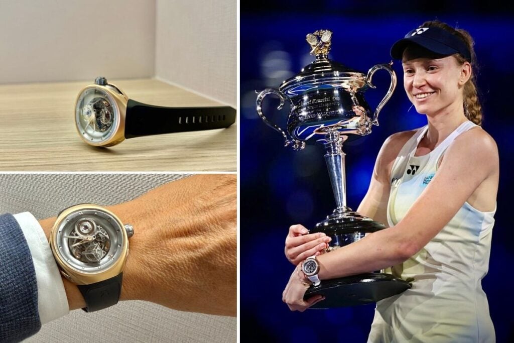 rel&oacute;gio Vanguart Orb em ouro rosa na mesa, num pulso masculino e no pulso da tenista campe&atilde; do Australian Open, Elena Rybakina