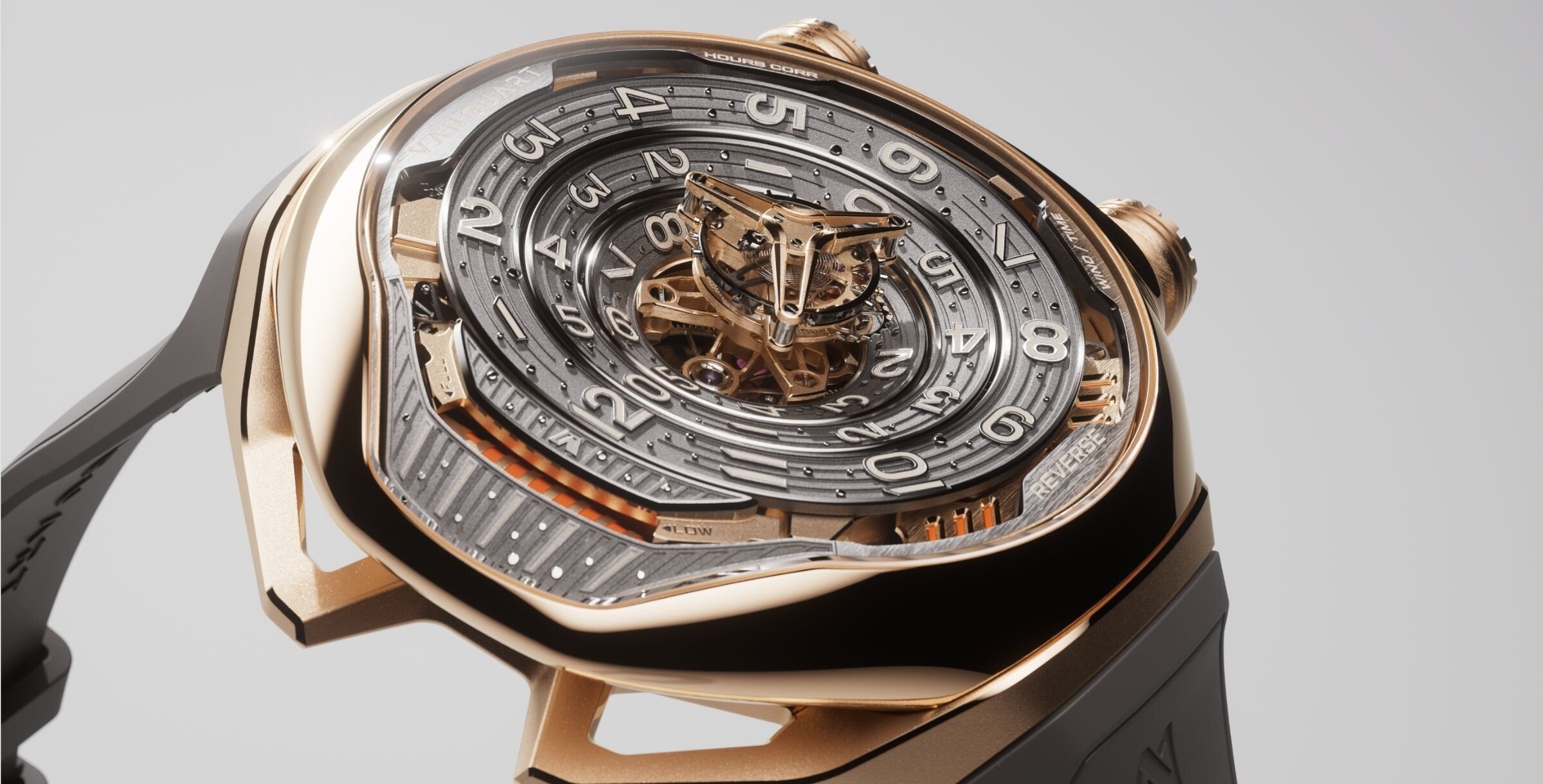 rel&oacute;gio Vanguart Black Hole em ouro rosa com mostrador com discos e mecanismo &agrave; vista