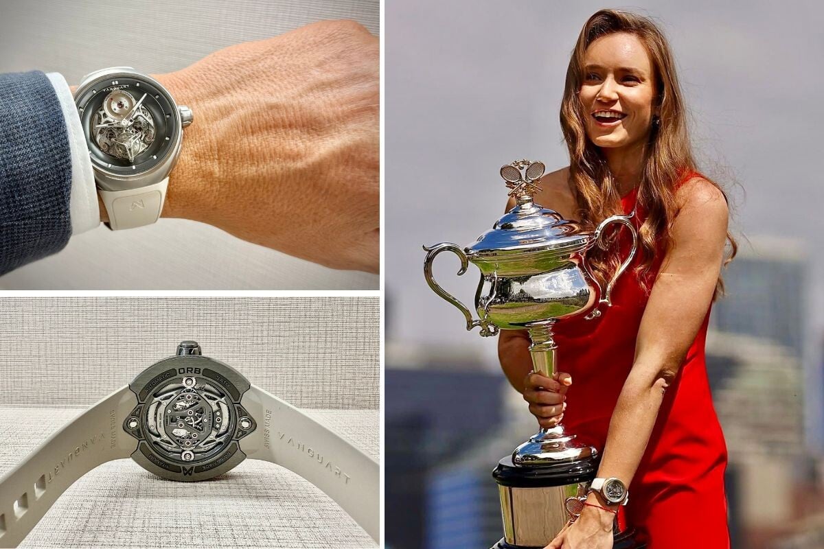 relógio Vanguart Orb em titãnio na mesa, num pulso masculino e no pulso da tenista campeã do Australian Open, Elena Rybakina