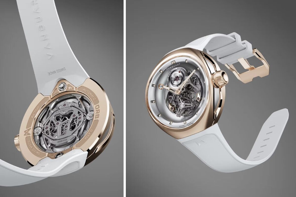 relógio Vanguart Orb em ouro rosa visto de frente e de trás com mostrador transparente e mecanismo à vista