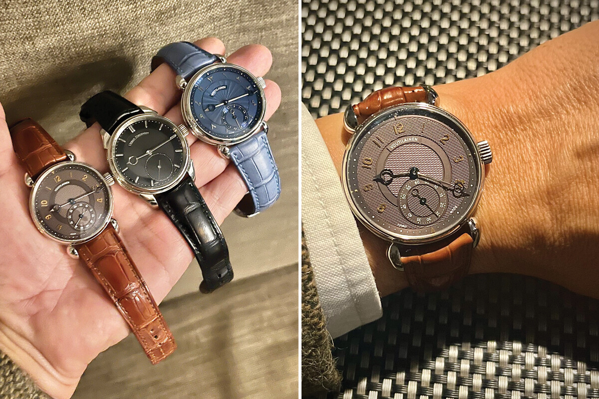 Imagem composta por duas fotografias: três relógios de pulso elegantes numa mão e um relógio com bracelete castanha usado no pulso.