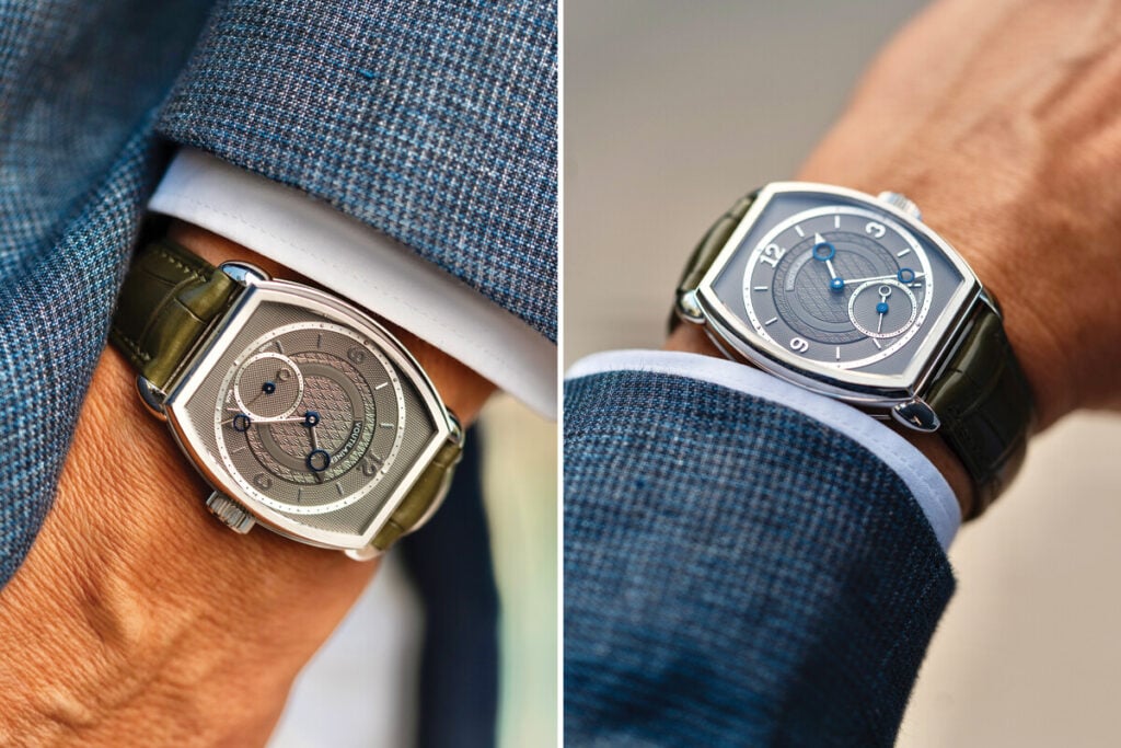 Duas fotografias lado a lado de um relógio de pulso de luxo com bracelete verde, usado no pulso de uma pessoa com fato azul.