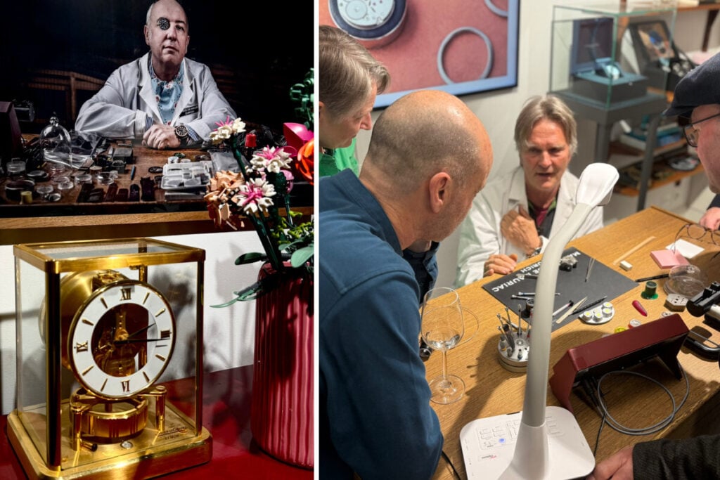 Quadro com fotografia de relojoeiro e relógio mais sala Interior com pessoas na Boutique Maurice de Mauriac, localizada na Rämistrasse 5, em Zurique | Fotos: Miguel Seabra