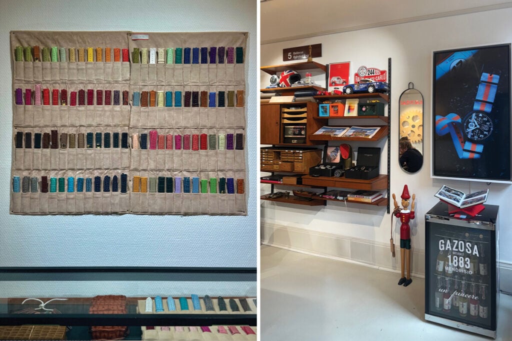 Exposição de braceletes de relógio coloridas e área de loja com prateleiras, relógios e decoração temática de relojoaria. Boutique Maurice de Mauriac, localizada na Rämistrasse 5, em Zurique. Foto: Miguel Seabra/Espiral do Tempo