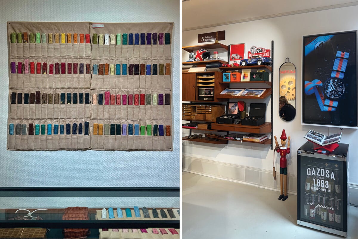 Exposição de braceletes de relógio coloridas e área de loja com prateleiras, relógios e decoração temática de relojoaria. Boutique Maurice de Mauriac, localizada na Rämistrasse 5, em Zurique. Foto: Miguel Seabra/Espiral do Tempo