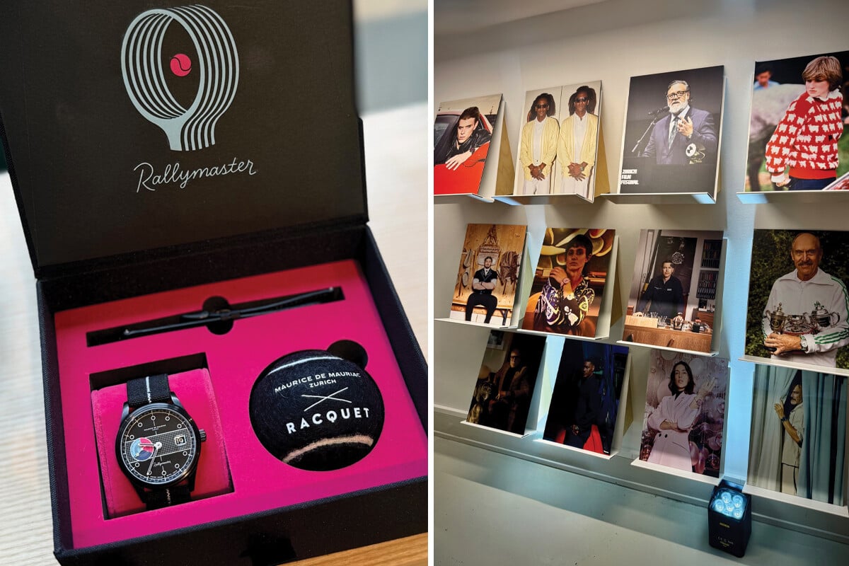 Imagem composta: relógio Rallymaster da Maurice de Mauriac Zurich em caixa de edição especial ao lado de parede com retratos fotográficos numa galeria. Boutique Maurice de Mauriac, localizada na Rämistrasse 5, em Zurique. Foto: Miguel Seabra/Espiral do Tempo
