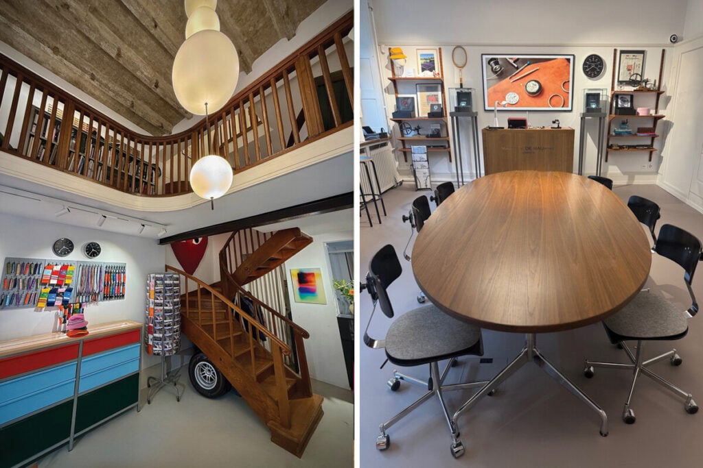 Imagem composta: interior de loja ou estúdio de relojoaria com escada de madeira e exposição de relógios, ao lado de sala de reunião com mesa oval e vitrinas de relógios. Boutique Maurice de Mauriac, localizada na Rämistrasse 5, em Zurique. Foto: Miguel Seabra/Espiral do Tempo
