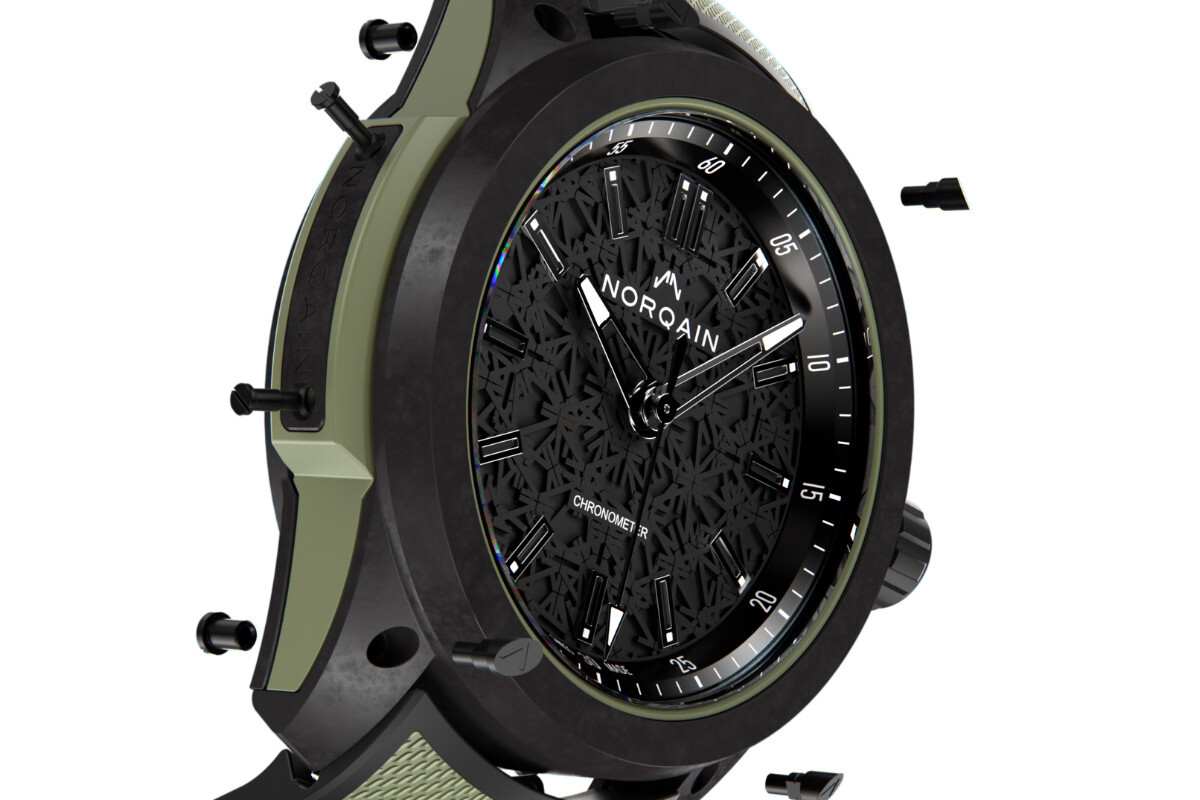 A estrutura em Norteq e o sistema de aparafusamento no Wild One Khaki de mostrador recortado