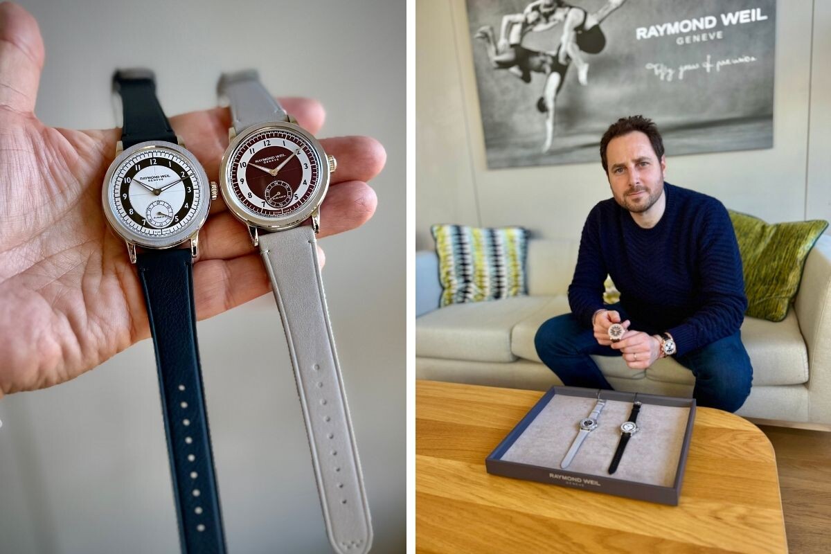 dois Raymond Weil Millesime Small Seconds Tuxedo Dial e homem sentado