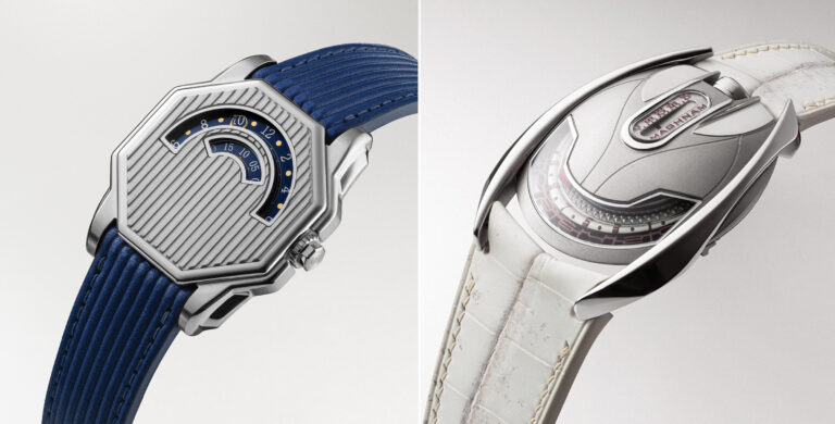 Dois relógios da Amir Watches lado a lado: Beda’a com caixa octogonal e bracelete azul, e Maghnam com caixa curva futurista e bracelete branca.