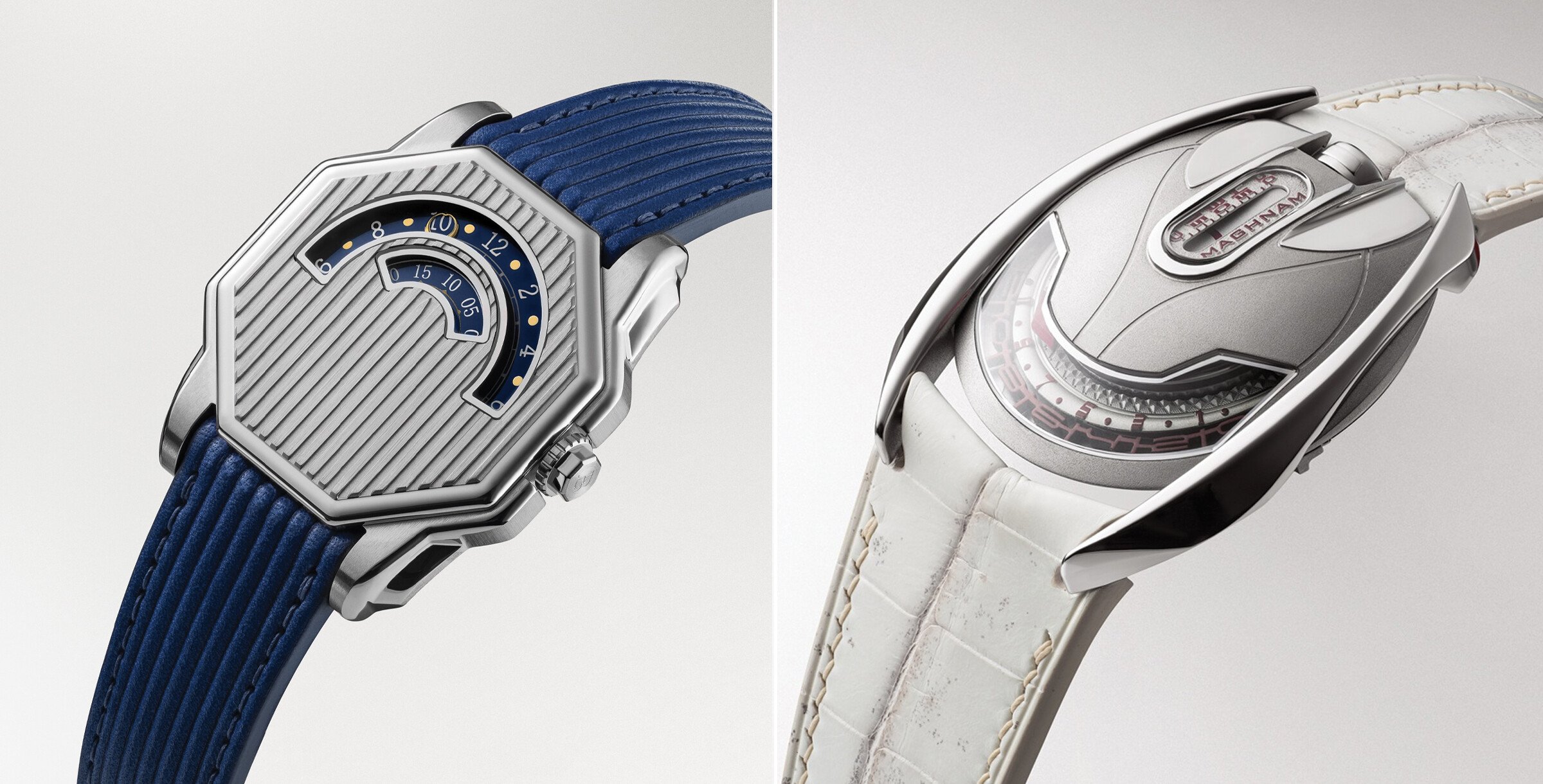 Dois rel&oacute;gios da Amir Watches lado a lado: Beda&rsquo;a com caixa octogonal e bracelete azul, e Maghnam com caixa curva futurista e bracelete branca.