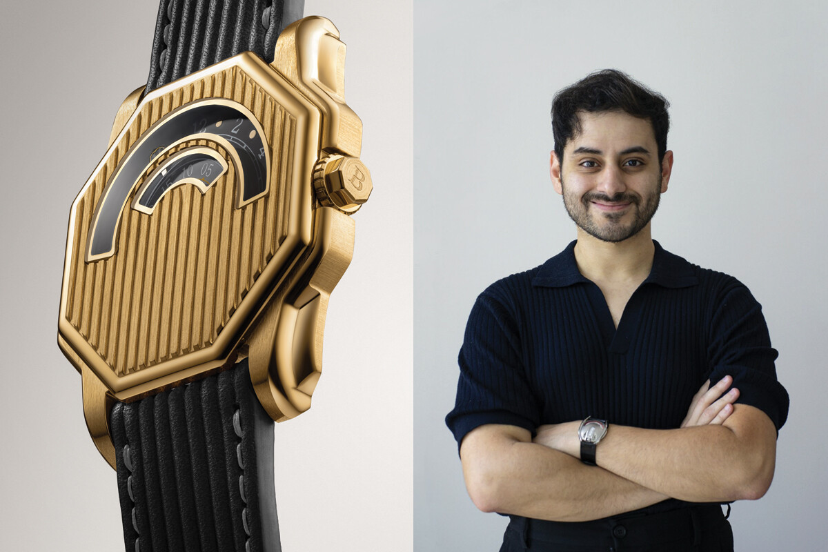 Relógio Beda’a em ouro da Amir Watches com bracelete preta, ao lado de um homem a usá-lo no pulso.