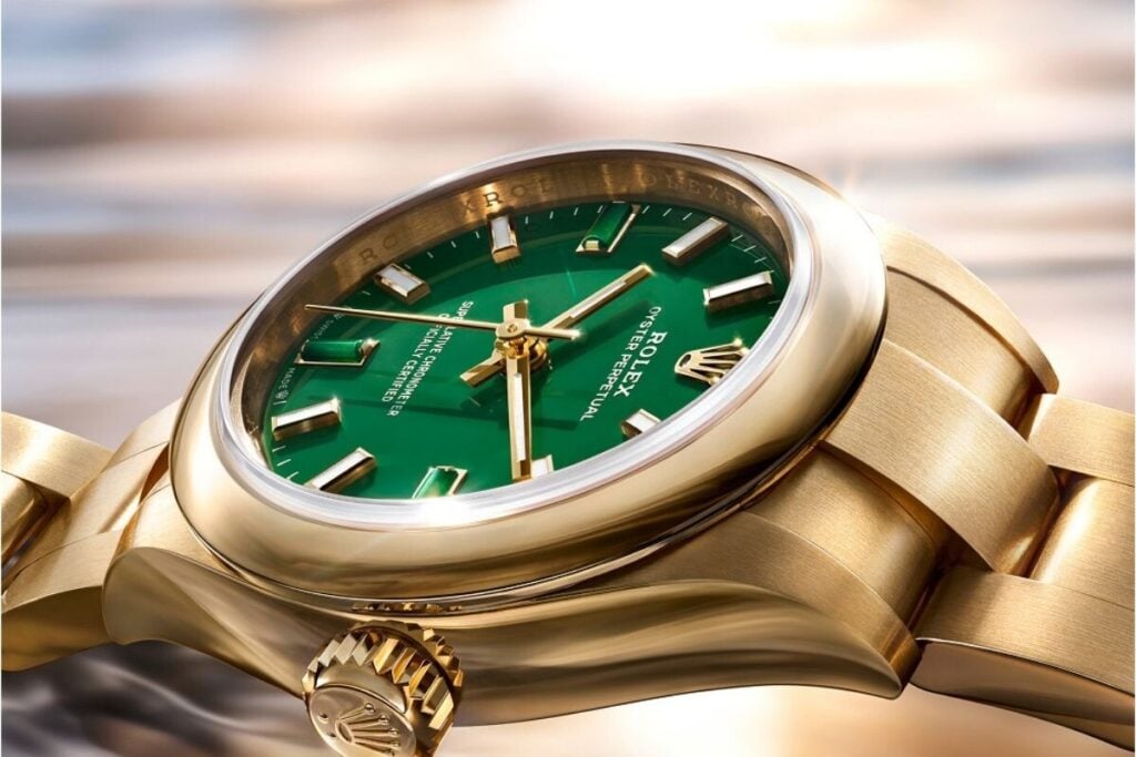 Rolex Oyster Perpetual 28 Yellow Gold Green Dial