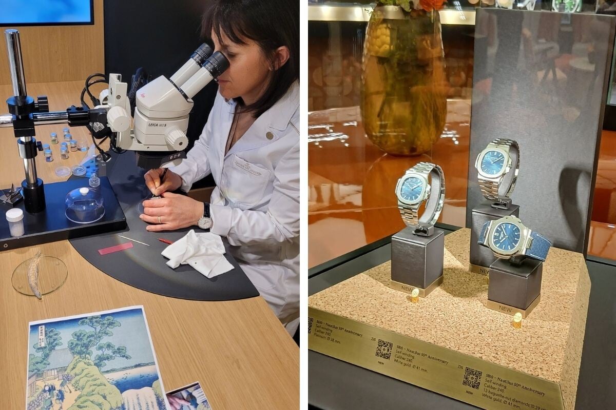 Watches and Wonders 2026: demonstração de esmaltagem e o expositor com as edições comemorativas do Nautilus da Patek Philippe