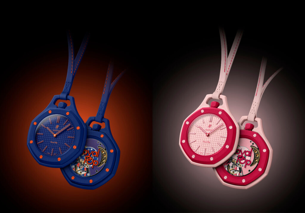 Swatch x Audemars Piguet Royal Pop em azul e laranja e em verde e em rosa e vermelho