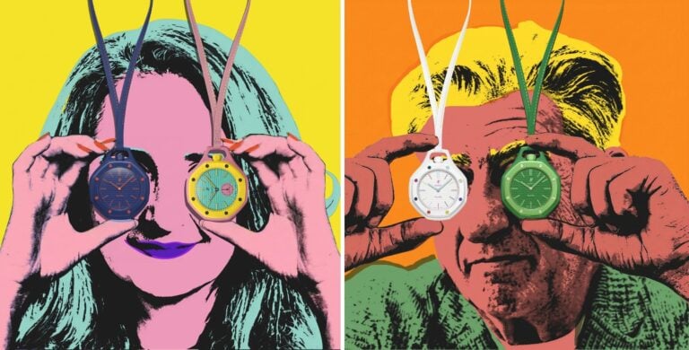 Duas pessoas em estilo pop art seguram relógios coloridos à frente dos olhos, sobre fundos amarelo e laranja vibrantes.