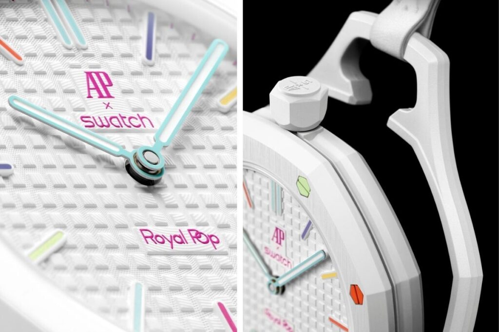 Pormenores da caixa e pormenor do Swatch x Audemars Piguet Royal Pop branco