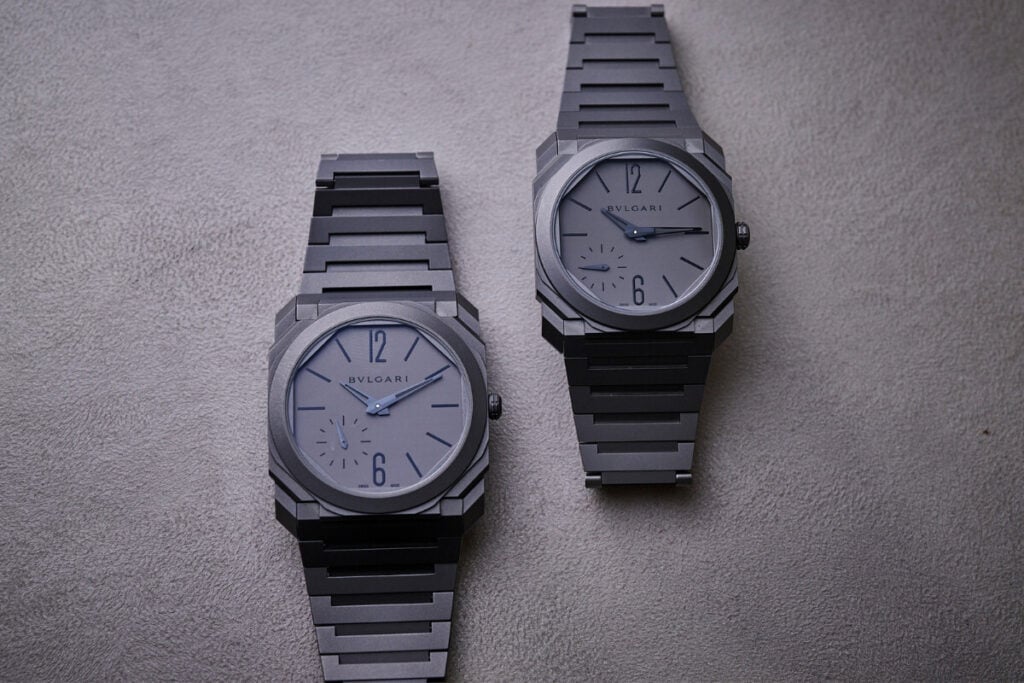 Rel&oacute;gio cinzentos na mesa: os Octo Finissimo de 40mm e 37mm da Bulgari | Foto: Ch24/Marcin Klaban