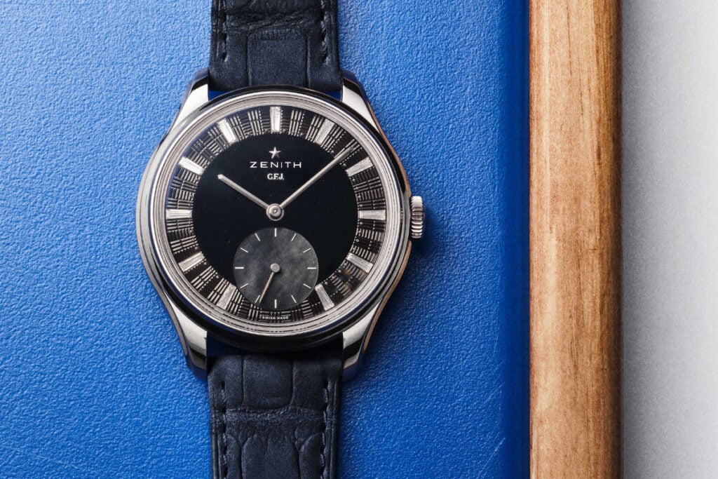 Rel&oacute;gio na mesa Zenith G.F.J. com mostrador preto em caixa de t&acirc;ntalo com &iacute;ndices em diamantes baguette limitado a 20 exemplares | Foto: Zenith