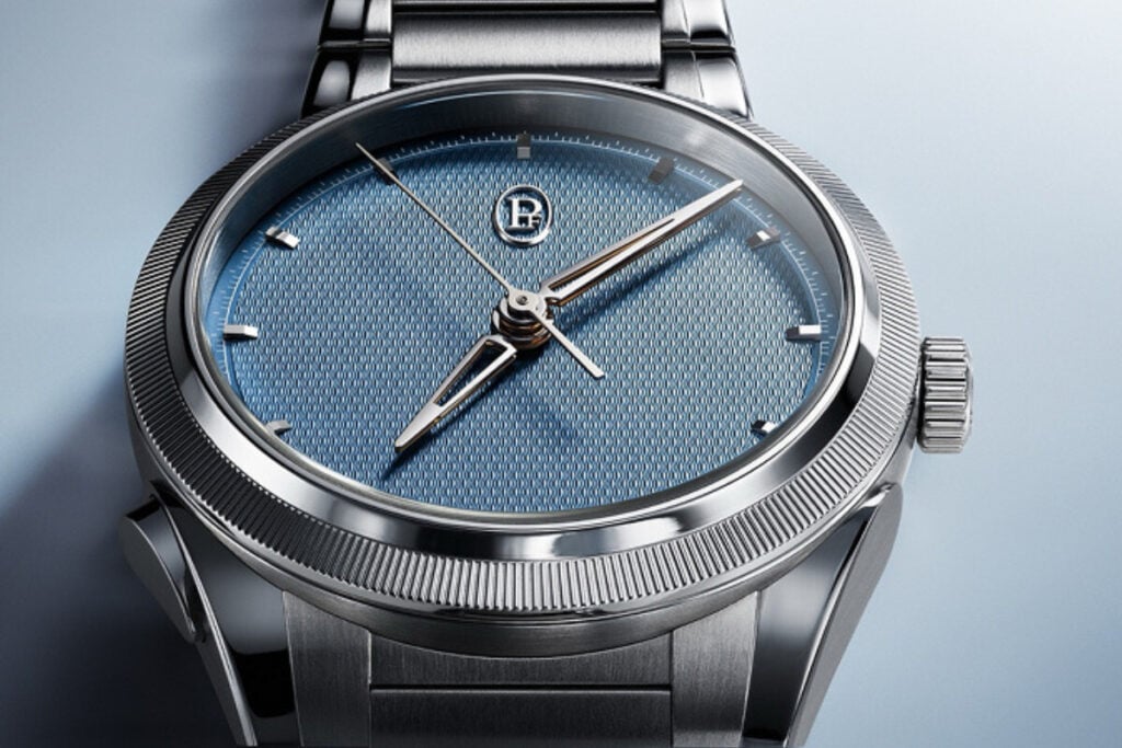pormenor de um cronógrafo de mostrador azul picotado do Watches-and-Wonders Parmigiani Tonda PF Chrono Mysterieux