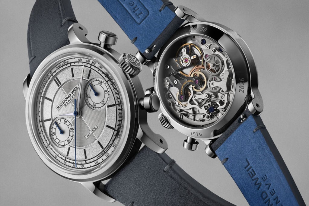 foto de relógio de frente e do verso com calibre à mostra: o comemorativo Raymond Weil The Fifty Chronograph com 37mm de diâmetro
