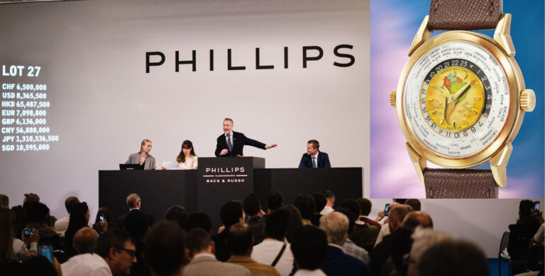 homem em leilão com relógio Patek Philippe em destaque capa Leilões Genebra © Joy Corthesy for PHILLIPS