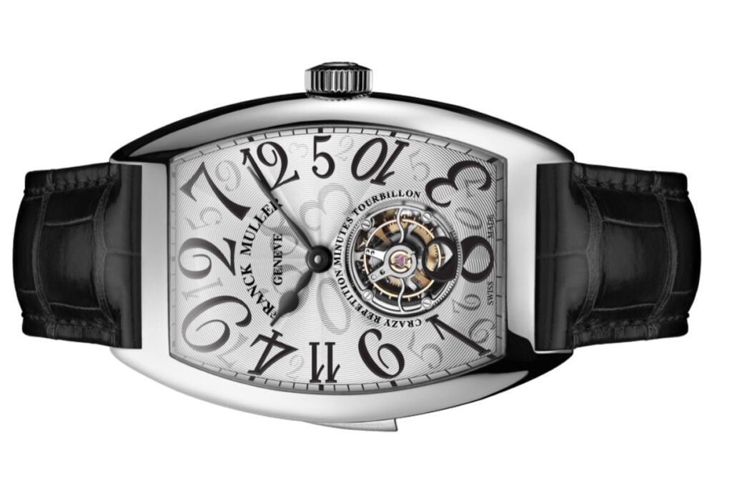 relógio branco com correia preta Franck Muller Cintrée Curvex Crazy Hours Répétition Minutes Tourbillon | Foto: Franck Muller