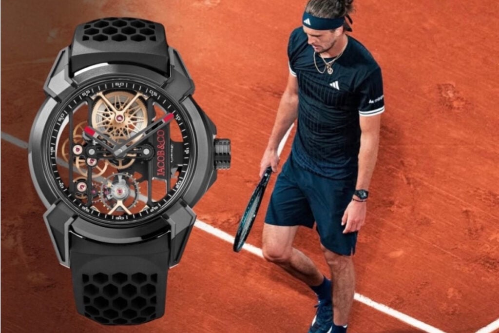 relógio preto esqueletizado e jogador de ténis com relógio no pulso em Roland Garros 2026: Alexander Zverev com Jacob&Co | Foto: Roland Garros